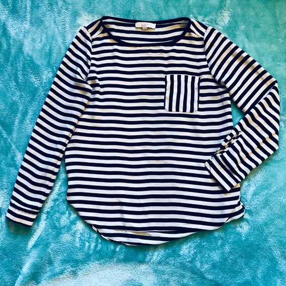 LOFT Tops - LOFT | Black Cream Striped Tab Sleeve Blouse